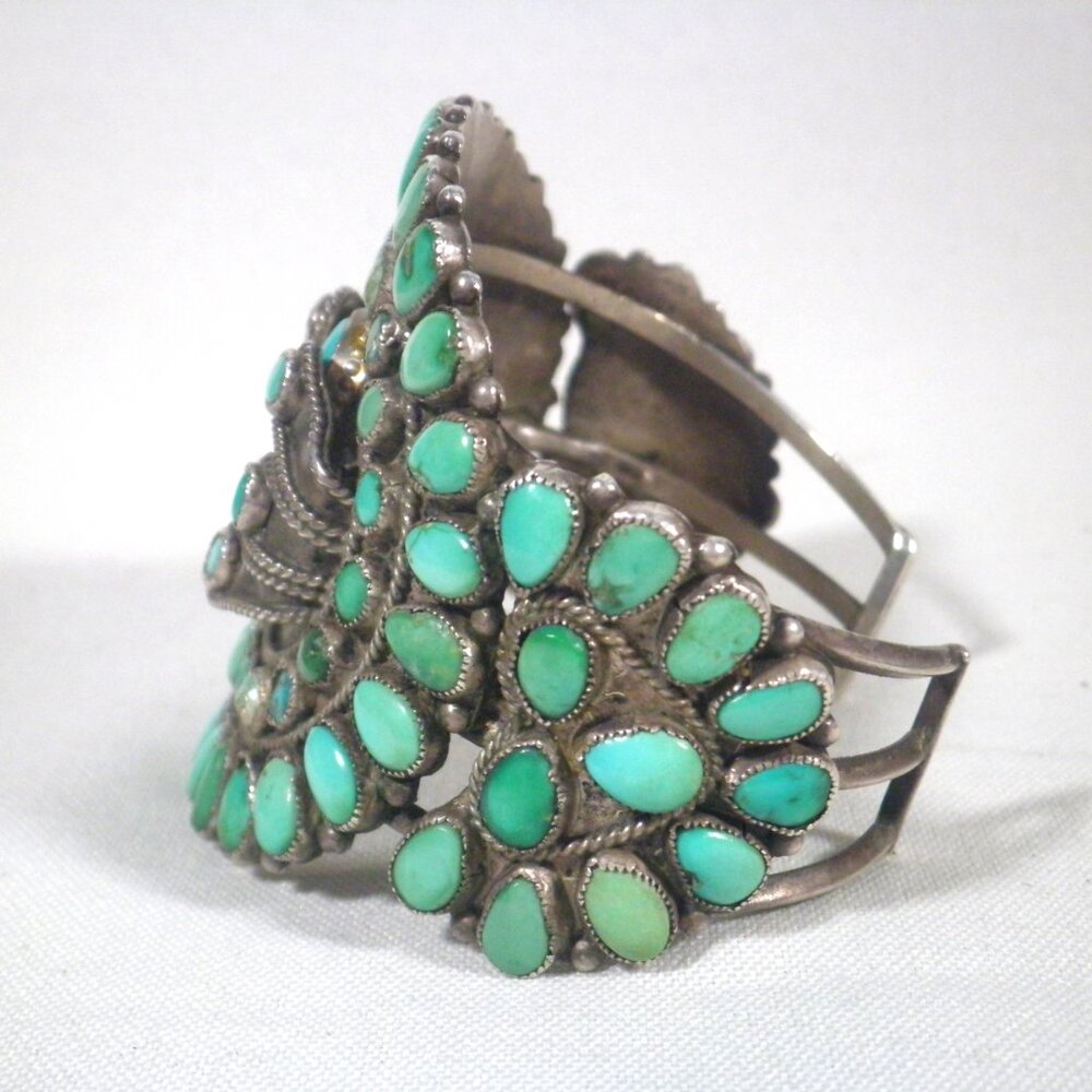 Native Turquoise Cluster Silver Cuff Bracelet - Blue Green Stones - Picture 2 of 8